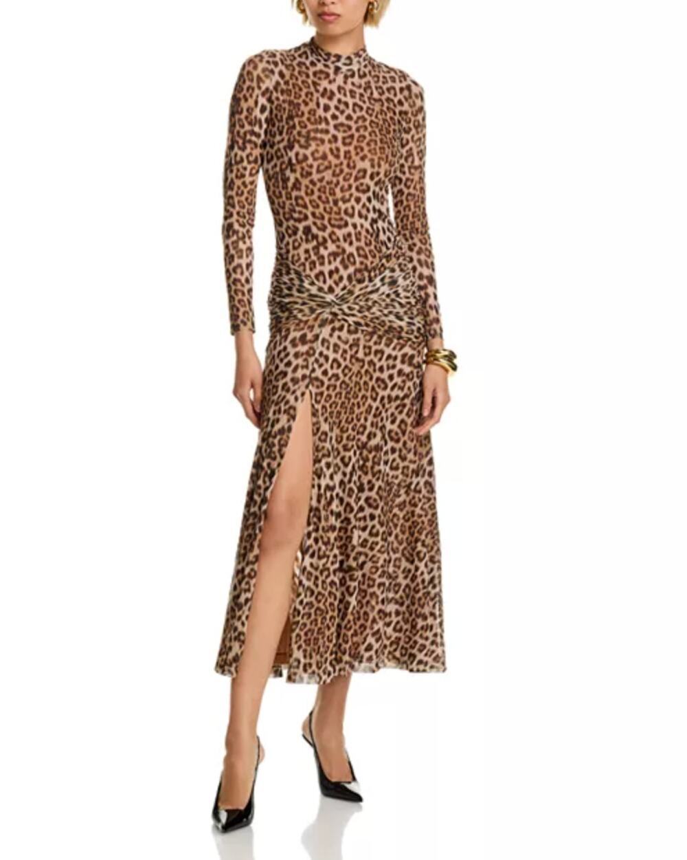 Bardot Lea Long Sleeve Leopard Mock Neck Mesh Midi Dress w/ Slit • Size S